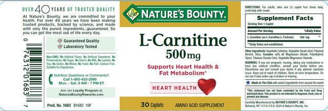 Nature'S Bounty L-Carnitine 500 Mg Caplets for Heart Health Support, 30 Ct