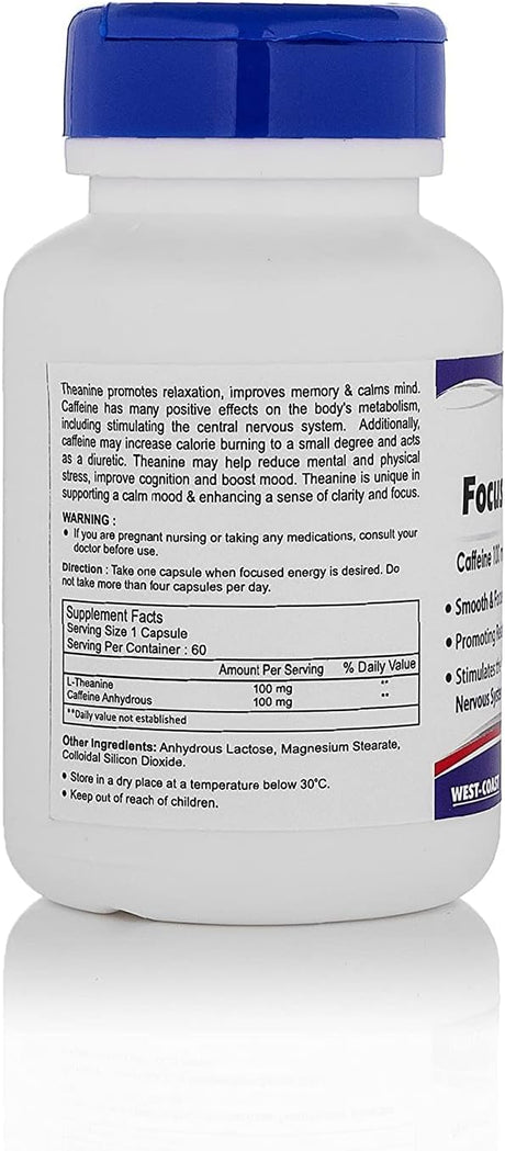 Healthvit Focus & Energy Caffeine 100 Mg + L-Theanine 100 Mg 60 Capsules