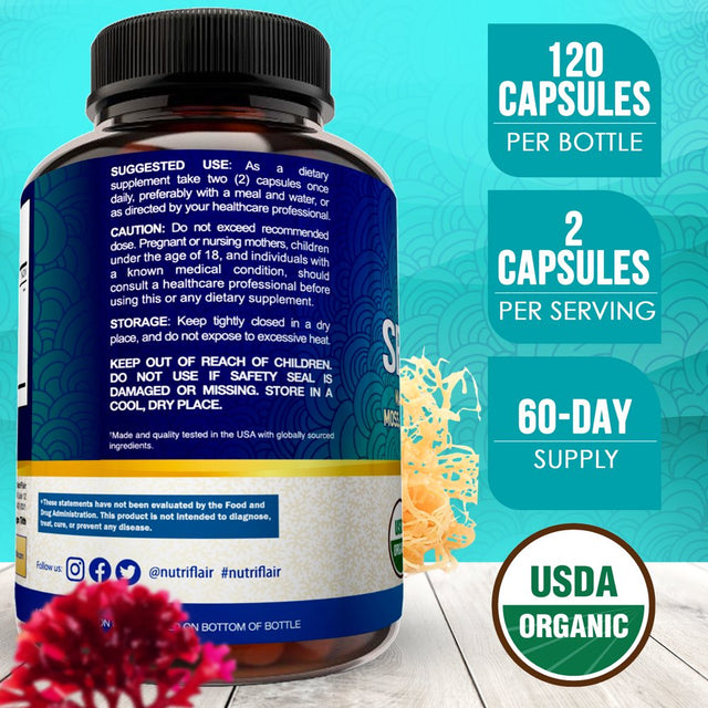 Nutriflair USDA Certified Organic Sea Moss Capsules 1600Mg, 120 Capsules - Immunity, Gut, Energy - Superfood Sea Moss Supplements with Raw Sea Moss Powder for Women and Men