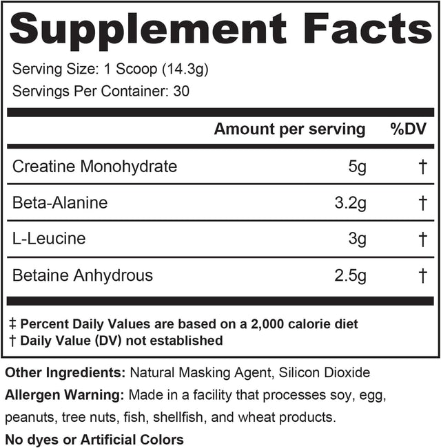 Fundamentals Intra or Post Workout Recovery Drink: 4 Key Ergogenic Aids for Maximum Performance and Muscle Growth: Creatine, Beta-Alanine, Betaine, and Leucine, 30 Servings, Unflavored