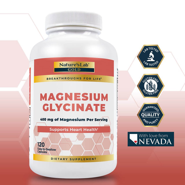 Nature’S Lab Gold Magnesium Glycinate 400Mg - 120 Capsules (30 Day Supply) - Supports Cardiovascular Health, Muscle & Nerve Function*