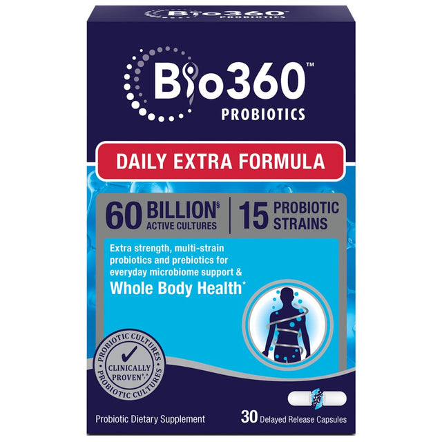 Bio360 Probiotics Daily Extra Formula, Vegan Prebiotics & Probiotics for Extra Support, 30 Ct