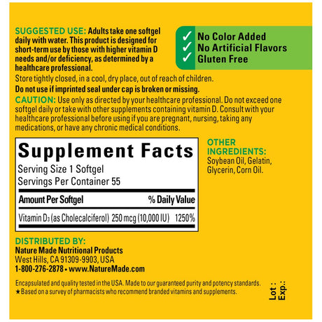 Nature Made Maximum Strength Vitamin D3 10000 IU (250 Mcg) Softgels, Dietary Supplement, 55 Count