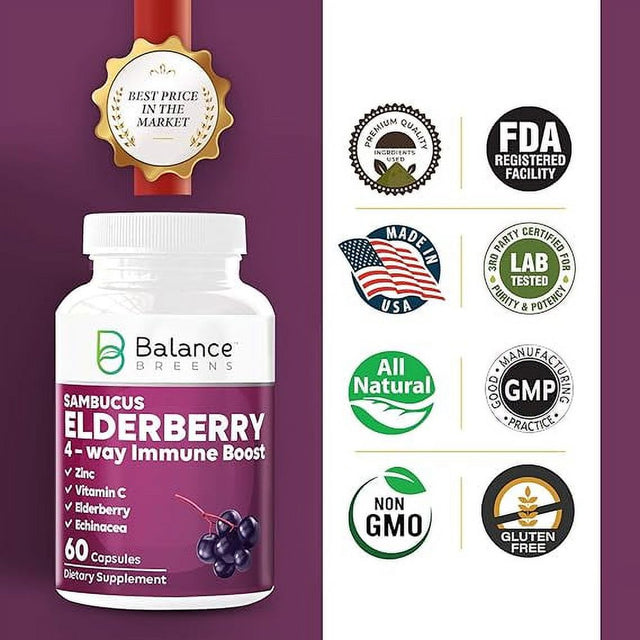 Balance Breens Sambucus Elderberry Extract - 4 Way Immune Support with Elderberry, Vitamin C, Zinc, Echinacea - Powerful Antioxidant - 60 Count