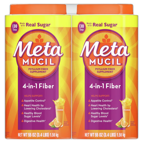 Metamucil Psyllium Fiber Supplement, 4-In-1 Fiber, Real Sugar Powder, Orange, 55 Oz, Twin Pack