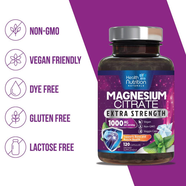 Magnesium Citrate Capsules 1000Mg - Max Absorption Magnesium Powder Capsules for Muscle, Nerve, Bone and Heart Health Support, High Absorption Citrate Complex, Gluten Free, Non-Gmo - 120 Capsules