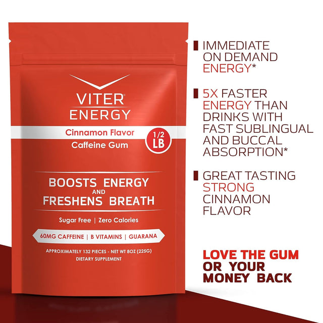 Viter Energy Caffeine Gum Cinnamon Flavor 6 Pack and 1/2 Pound Bulk Bag Bundle - 60Mg Caffeine, B Vitamins, Guarana, Sugar Free, Vegan, Chewing Gum, Powerful Energy Booster for Focus and Alertness