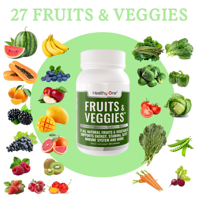 Healthy One Fruits and Veggies Supplement - 27 Superfood Fruits and Vegetables Vitamins - Daily Fruit and Vegetable Vitamins - 60 Fruit Veggie Capsules