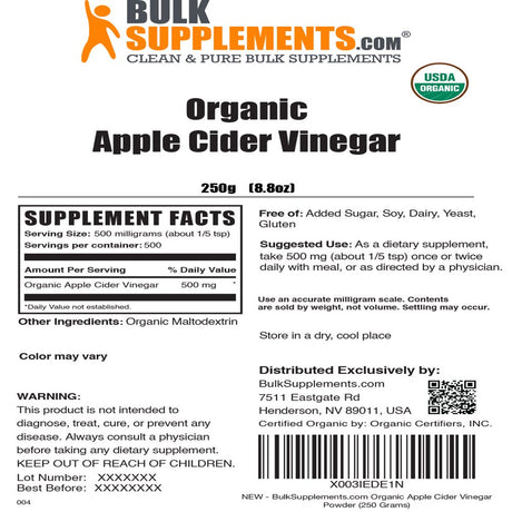 Bulksupplements.Com Organic Apple Cider Vinegar Powder, 500Mg - Heart & Digestive Support (250G - 500 Serv)