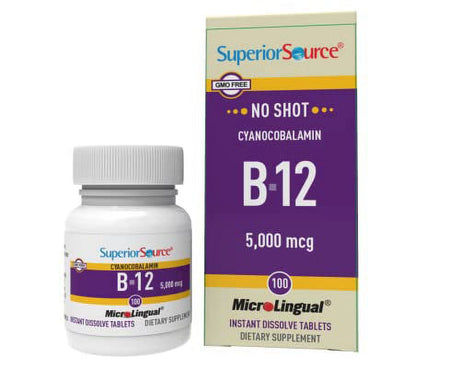 Superior Source No Shot Vitamin B12 Cyanocobalamin 5000 Mcg, Quick Dissolve Sublingual Tablets 100 Count, B12 Supplement to Increase Metabolism and Energy Production, Nervous System Support, Non-Gmo