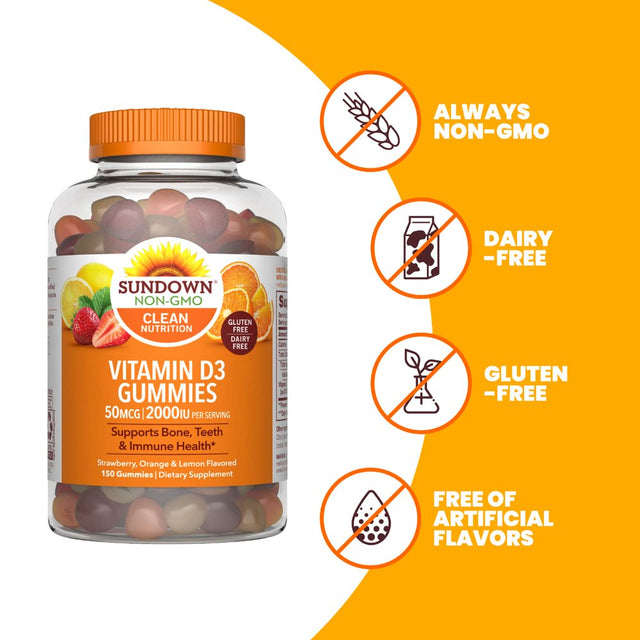 Sundown Vitamin D3 Gummies, Supports Bone, Teeth, and Immune Health, 150 Gummies (Value Size)