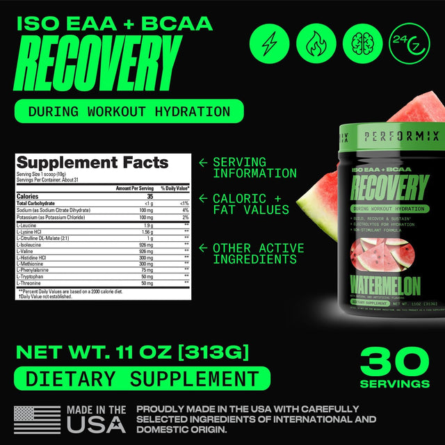 PERFORMIX - ISO EAA & BCAA - Intra & Post Workout - Branched Chain Amino Acids & Essential Amino Acids - Electrolytes for Hydration & Recovery - Stim Free Pre Workout - Juicy Watermelon - 30 Servings