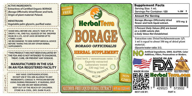 Borage (Borago Officinalis) Glycerite, Organic Dried Flowers and Herb Alcohol-Free Liquid Extract (Herbal Terra, USA) 2 Oz