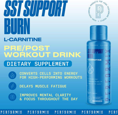 PERFORMIX - SST Support Burn - Fast-Acting L-Carnitine Liquid - Converts Cells into Energy - Improves Memory & Focus - Metabolism Support - Stim Free - for Men & Women - Ice Berry - 31 Servings