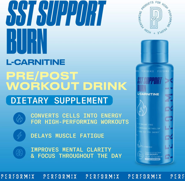 PERFORMIX - SST Support Burn - Fast-Acting L-Carnitine Liquid - Converts Cells into Energy - Improves Memory & Focus - Metabolism Support - Stim Free - for Men & Women - Ice Berry - 31 Servings