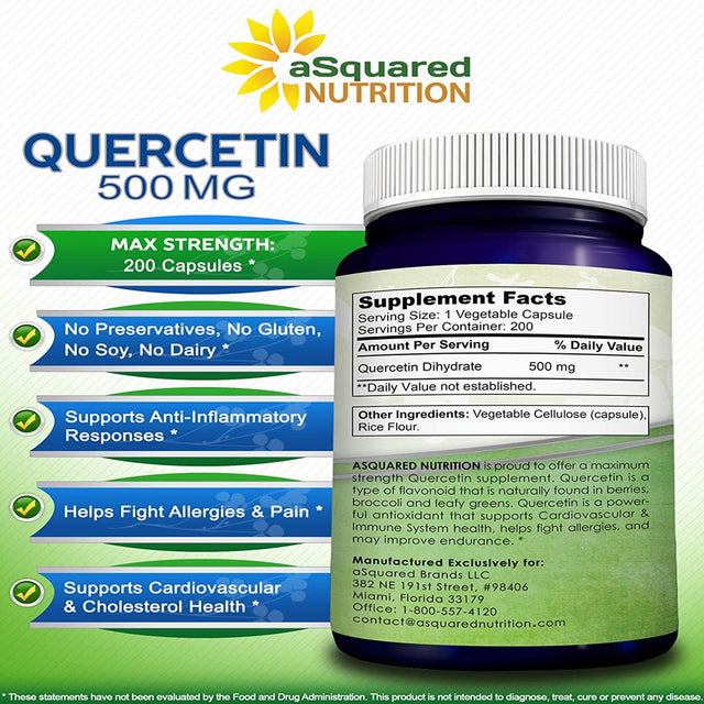 Quercetin 500Mg Supplement - 200 Capsules - Quercetin Dihydrate to Support Cardiovascular Health - Max Strength Powder Complex Pills to Help Improve Anti-Inflammatory & Immune Response