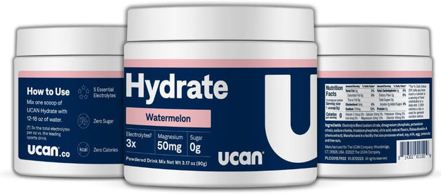 UCAN Hydrate Electrolyte Drink Mix, Watermelon, Sugar-Free Hydration Powder, Keto, Non-Gmo, Vegan, All Natural, Gluten-Free, 30 Servings (3.15 Ounces)