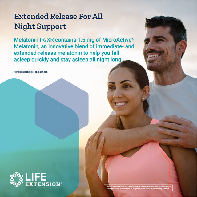 Life Extension Melatonin IR/XR - Immediate & Extended-Release - up to 7 Hours Sleep Support, Regular/Healthy Sleep Patterns, Easier to Stay Asleep - Gluten-Free, Non-Gmo - 60 Capsules (2-Month Supply)