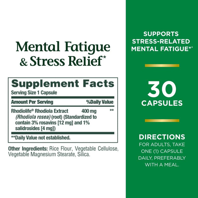 Nature’S Bounty Mental Fatigue and Stress Relief with Rhodiola 400 Mg Capsules, 30 Ct