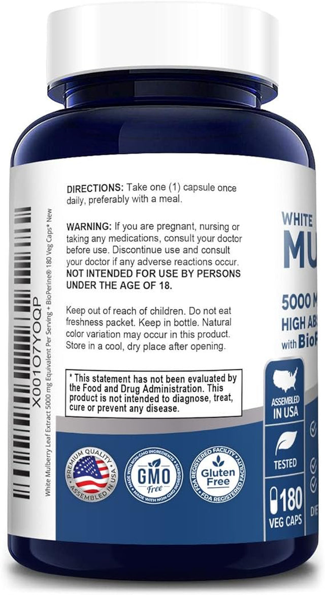 Nusapure 5,000Mg White Mulberry Leaf Extract 180 Veggie Caps with Bioperine, a Vegetarian Dietary Supplement Promoting Adult Wellness, Better Health, and a Unisex Approach