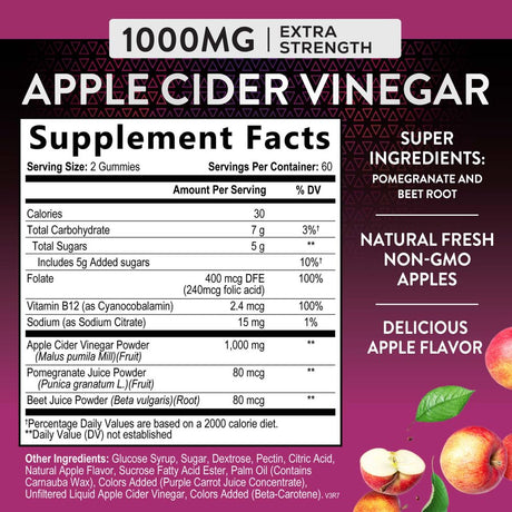 Nature'S Nutrition Apple Vinegar Gummy for Weight Loss 1000Mg - Vegan Apple Cider Vinegar Gummies for Detox & Cleanse, ACV Supplement Pills, Vitamin B12, Beetroot & Pomegranate, Non-Gmo - 120 Gummies