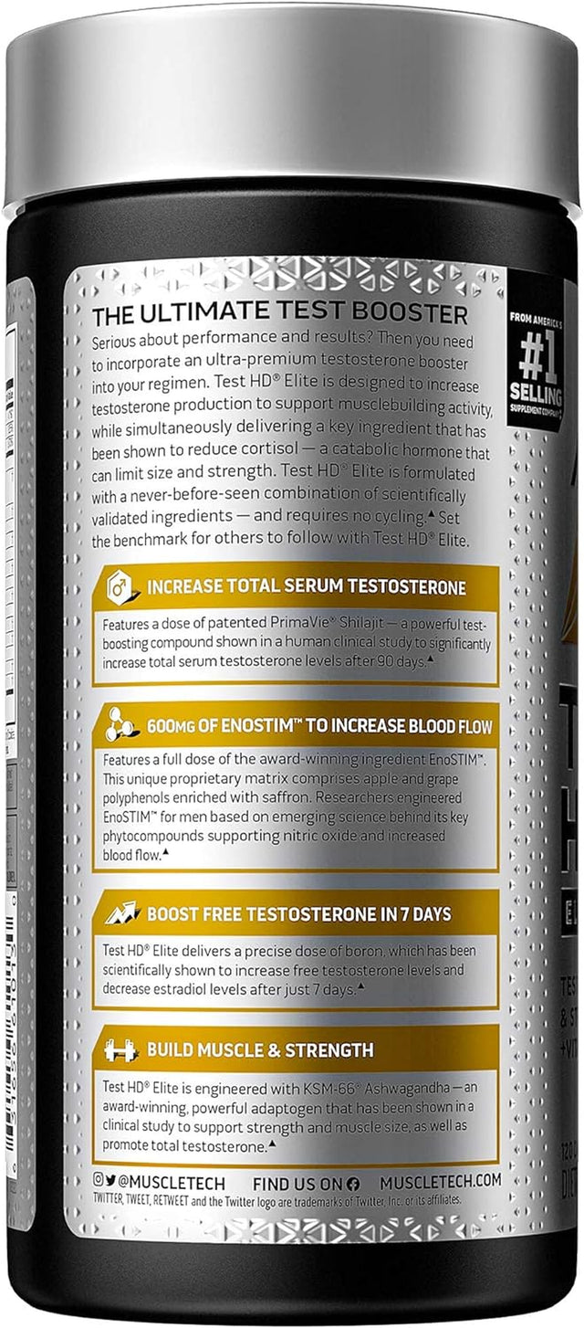 Testosterone Booster for Men | Muscletech Test HD Elite Test Booster | Muscle Builder + Nitric Oxide Booster | Boron Supplement & Tribulus Terrestris for Men | Increased Blood Flow | 120 Count