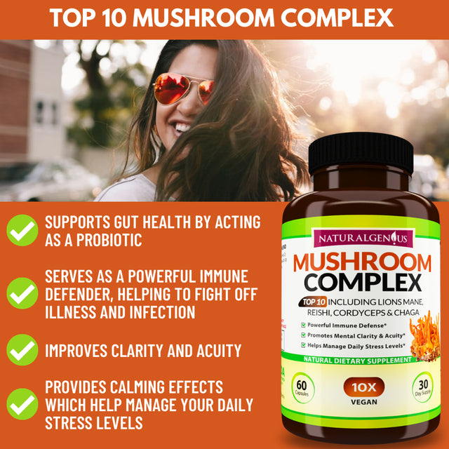 Natural Genius Top 10 Mushroom Complex - White Button, Chaga - Nootropic, Focus, Immune Supplement