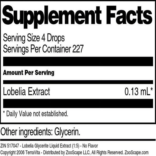 Terravita Lobelia Glycerite Liquid Extract (1:5) - No Flavor, (1 Oz, 1-Pack, Zin: 517047)