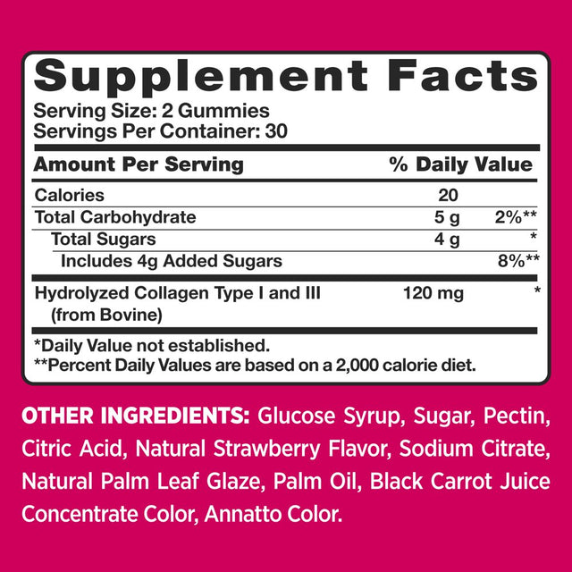 Pink Collagen Beauty Gummies, Strawberry Flavor, Dietary Supplement, 60 Gummies