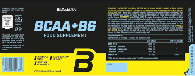 Post Workout Recovery for Muscle Recovery and Muscle Building BIOTECH USA BCAA + B6 Amino Acid, 100/200 Tabs. (200)