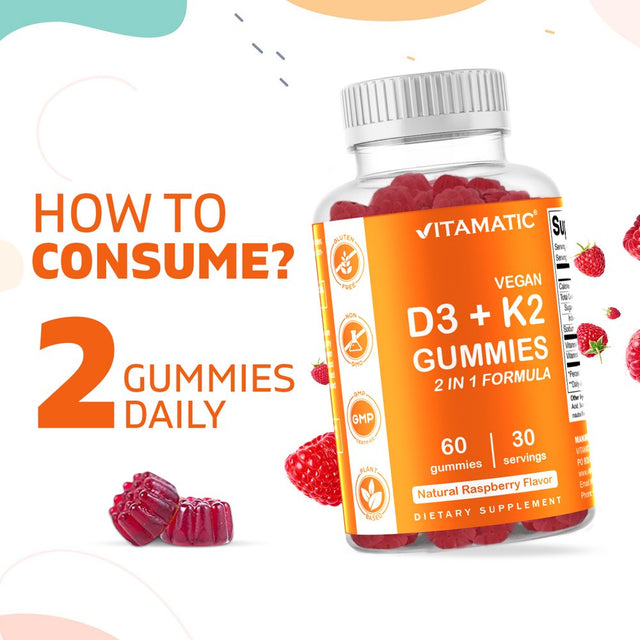 Vitamatic Vitamin D3 K2 Gummies - 60 Count - Supports Healthy Bone, Heart & Calcium Absorption, & Immune Health - Plant Based, Non-Gmo, Gluten Free