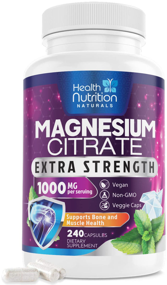 Magnesium Citrate Capsules 1000Mg - Max Absorption Magnesium Powder Capsules for Muscle, Nerve, Bone and Heart Health Support, High Absorption Citrate Complex, Gluten Free, Non-Gmo - 240 Capsules