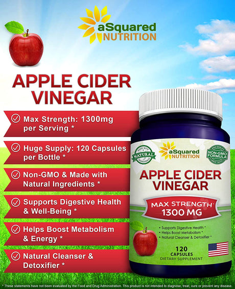 Asquared Nutrition Apple Cider Vinegar Supplement (120) - Extra Strength 1300Mg - ACV Pills for Pure Weight Loss, Detox, Digestion & Immune Support - All Natural Apple Cider Cleanse & Immunity Booster