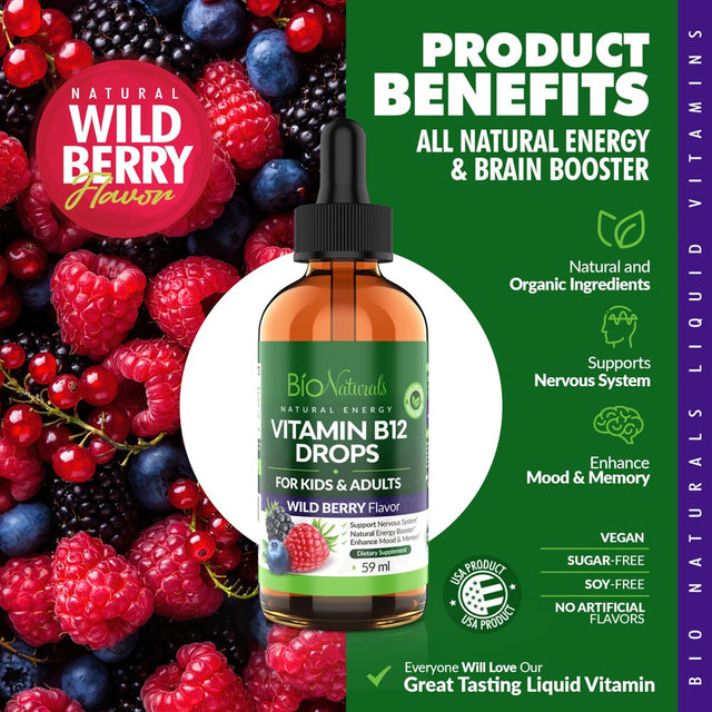 Bio Naturals Vitamin B12 Liquid Drops for Adults & Kids - 100% Natural Sublingual Methylcobalamin - Highest Absorption - Energy & Brain Booster Helps with Fatigue & Weakness - Wild Berry - 2 Fl Oz