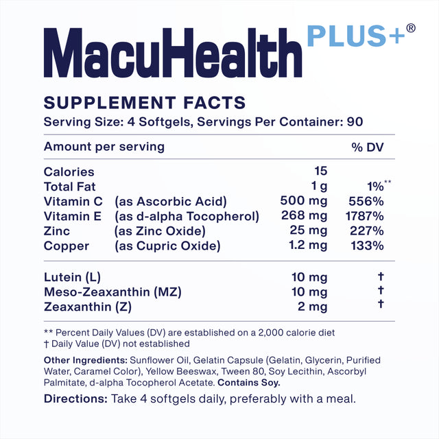 Macuhealth Plus+ Vitamins for Adults - Total Vision Care with AREDS2 Based Formula, Lutein, Zeaxanthin & Meso-Zeaxanthin, Total Vision Care, Vision Vitamins - 90 Days Supply