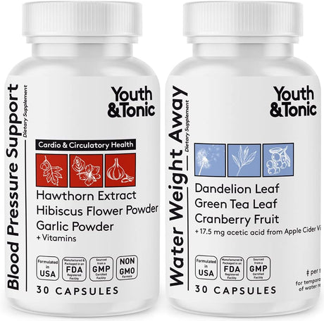 Youth & Tonic Daily Water Weight Away Pills and Blood Pressure Support Supplements/Natural Diuretics for Water Retention & BP Capsules to Maintain a Good Health / 30 + 30 CPS for Women & Men