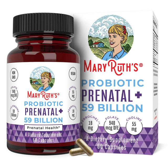 Maryruth Organics | Probiotic Prenatal+ | 59 Billion CFU | Vitamin D3, Iron, Folate | Vegan, Non-Gmo | 60 Capsules |