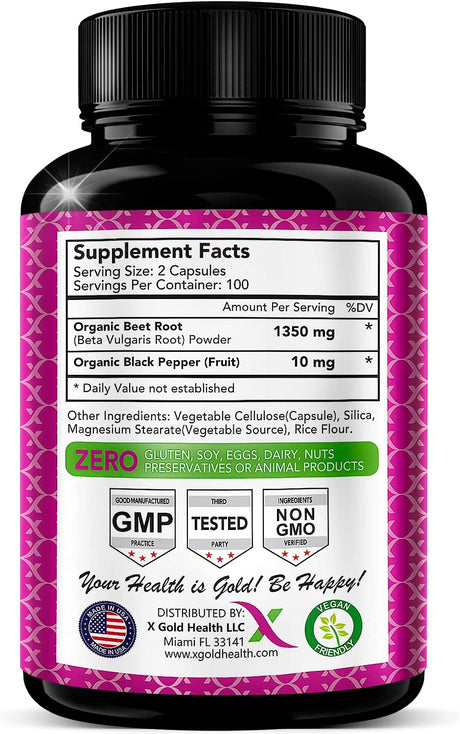 Organic Beet Root Powder 1350Mg 200 Veggie Caps Superfood Nitric Oxide Strongest Premium Supplement Natural Nitrates W/Black Pepper for Best Benefits - Vegan, Non-Gmo, & Gluten-Free Made in USA