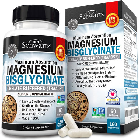 Bioschwartz Magnesium Bisglycinate 100% | Maximum Absorption | Health and Muscle Support | 180 Ct