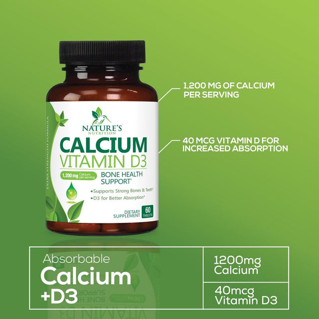 Calcium 1200 Mg plus Vitamin D3, Bone Health & Immune Support - Nature'S Calcium Supplement with Extra Strength Vitamin D for Extra Strength Carbonate Absorption Dietary Supplement - 60 Tablets