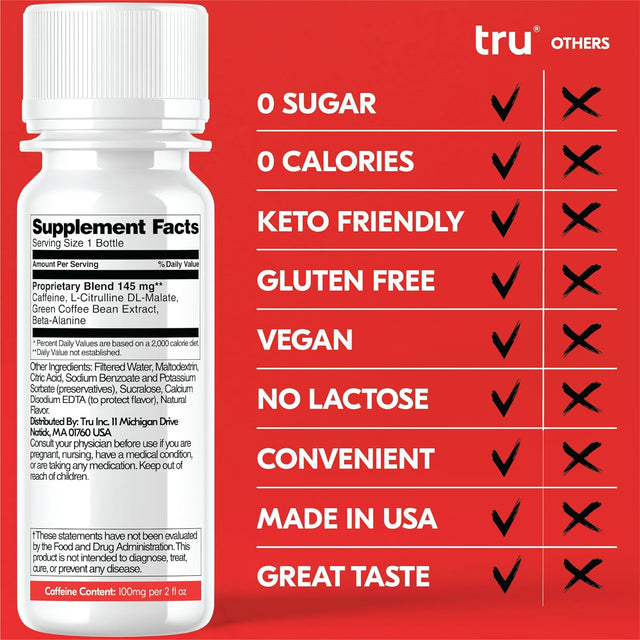 Tru Power Shot, Watermelon Flavored Extra Strength Energy Shots - Zero Sugar Pre Workout Drink plus Amino Acids and Green Coffee Bean - Natural Caffeine, GF, Keto, Vegan Supplement, 2Oz (Pack of 12)