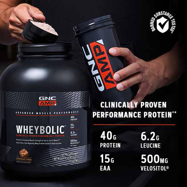 GNC AMP Wheybolic | Targeted Muscle Building and Workout Support Formula | Pure Whey Protein Powder Isolate with BCAA | Gluten Free | 25 Servings | Chocolate Fudge