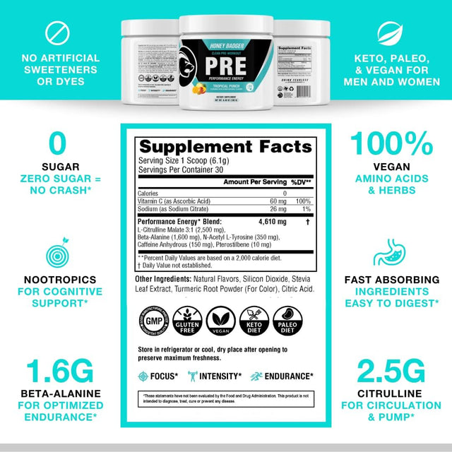 Honey Badger Pre Workout Powder | Vegan Keto Tropical Punch Preworkout | Natural Energy for Men & Women | Beta Alanine, Caffeine & Vitamin C for Immune Support | Sugar Free & Paleo | 30 Servings