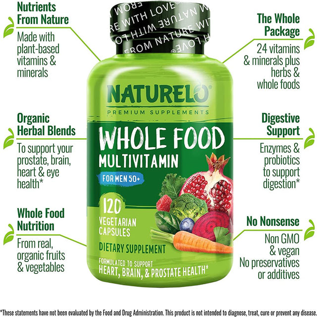 NATURELO Whole Food Multivitamin for Men 50+ - with Vitamins, Minerals, Organic Herbal Extracts - Vegan Vegetarian - for Energy, Brain, Heart and Eye Health - 120 Capsules