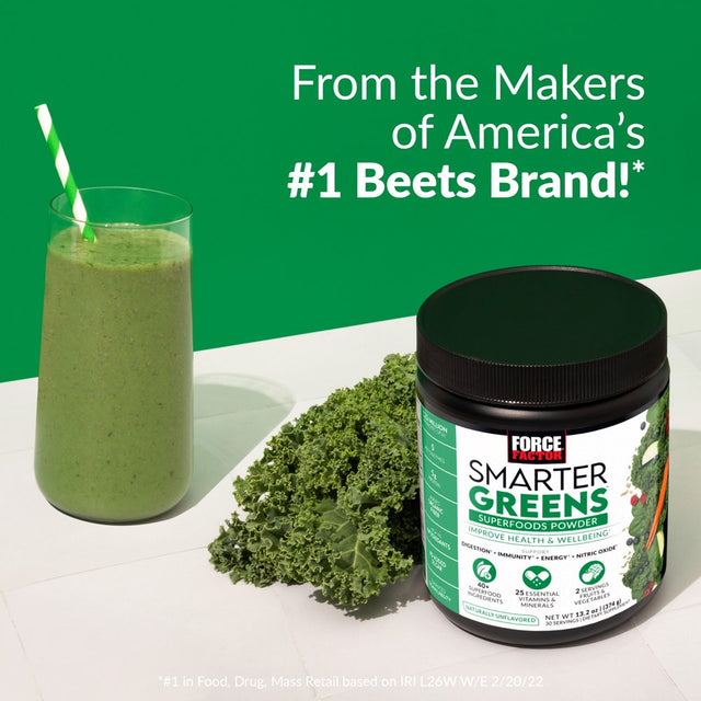 Smarter Greens Superfoods Powder, Greens Powder with Probiotics, Digestive Enzymes, Antioxidants, and Fiber, Superfood Powder to Support Digestion, Immunity, and Energy, Force Factor, 30 Servings