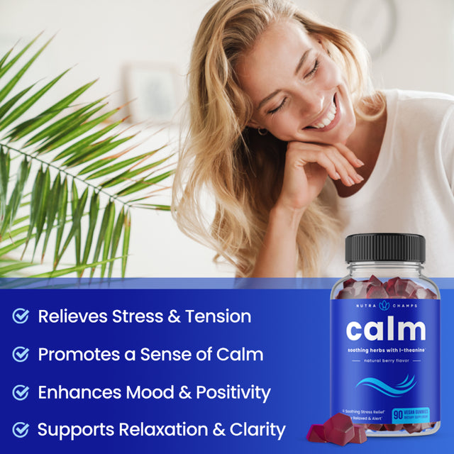 Nutrachamps Calm Gummies | Stress Gummies Supplement with Ashwagandha, L-Theanine, GABA, Vitamin B6 & Lemon Balm | Supports Mood, Focus & Stress Relief | Vegan & Non-Gmo | Natural Berry | 90 Gummies