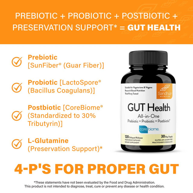 Sandhu'S Gut Health Supplement, with Prebiotics + Probiotics + Postbiotic + L-Glutamine, 120 Ct