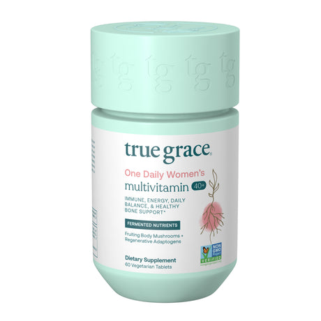 True Grace One Daily Women’S Multivitamin 40+ Fermented Minerals, Organic Adaptogens & Mushrooms Energy, Immune, Bone, Heart Support - Iron Free, Non-Gmo, Gluten Free, Soy Free - 60 Vegan Tablets