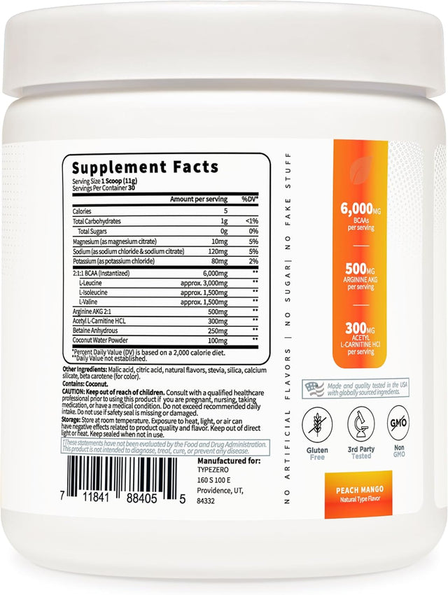 Ultra Clean Vegan BCAA Powder + Electrolytes (Peach Mango | 6G) 2:1:1 Sugar-Free/No Sucralose Bcaas Amino Acids Supplement for Women/Men - Best BCAA Vegan Amino Acids after Post Workout Recovery Drink