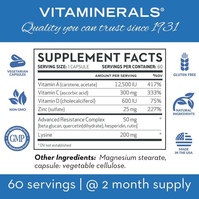 AZACT | Vitamin a | Vitamin C | Vitamin D3 | Zinc | Lysine | Quercetin | 60 Vegetable Capsules